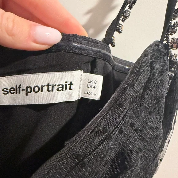 Self-Portrait Black Tiered Mesh Midi Dress with Spaghetti Straps - Picture 5 of 6